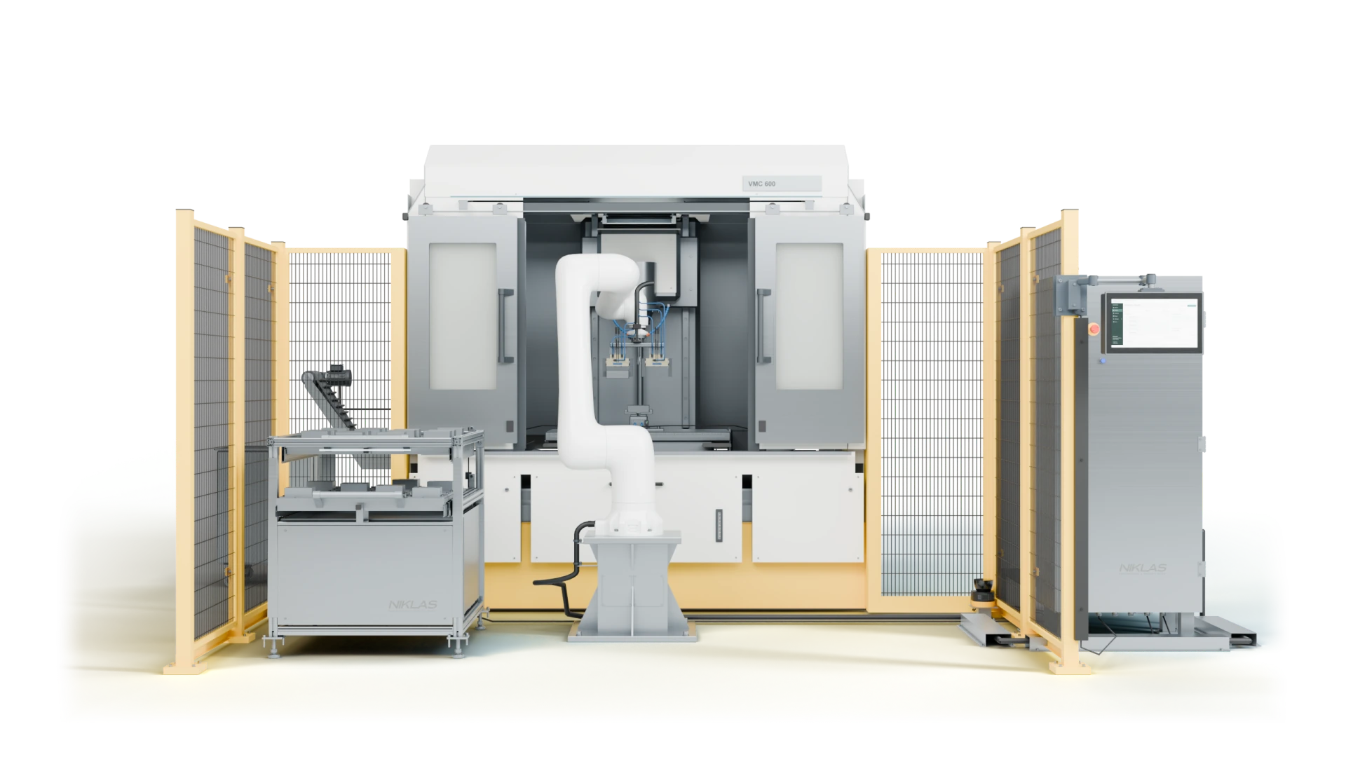 NIKLAS Machine Loader front view with CNC machine, ROKAE CR20, dual gripper, magazine, operator station and safeguarding