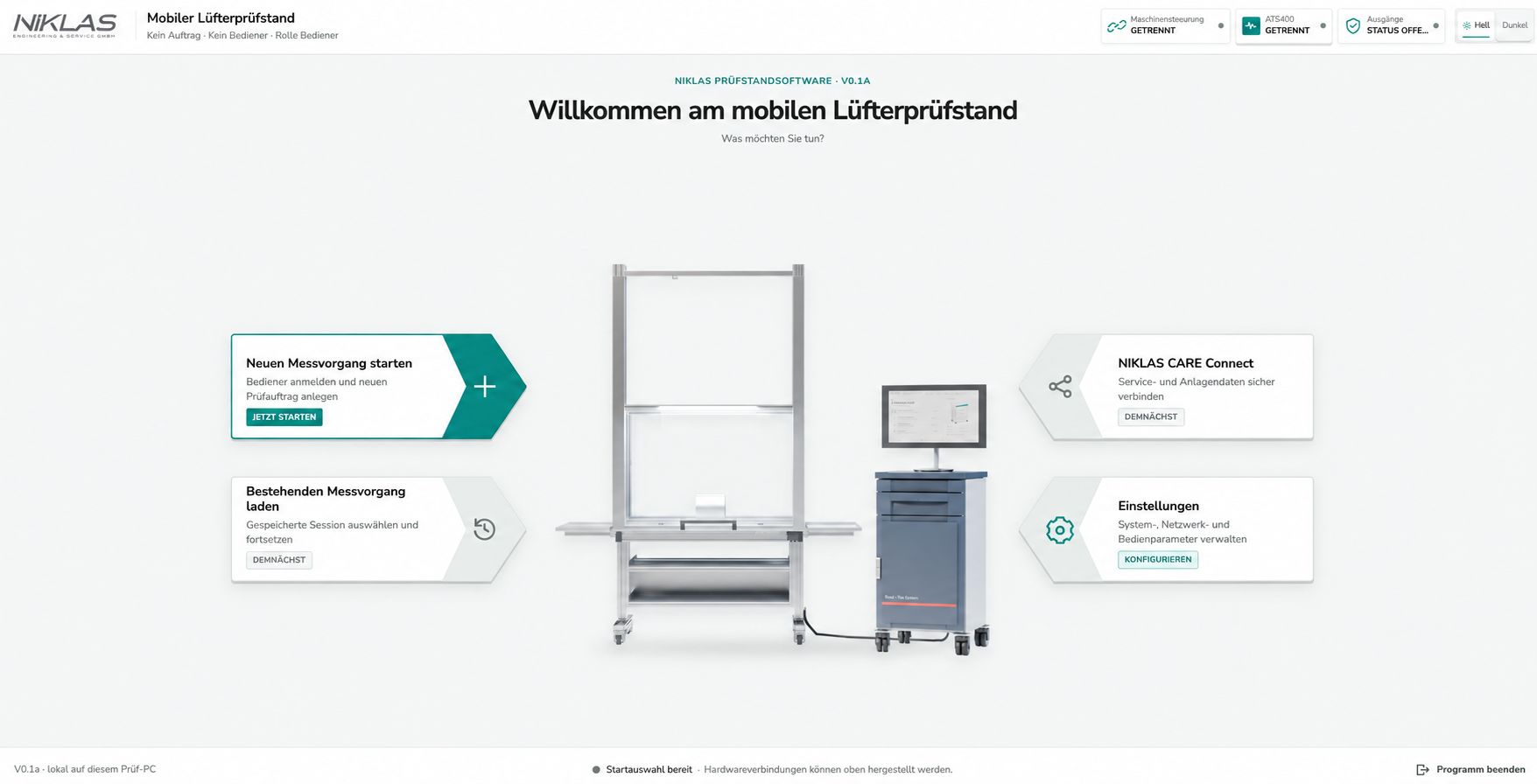 NIKLAS Prüfstandssoftware mit geführtem Einstieg, Motorprüfstand und Einstellungen