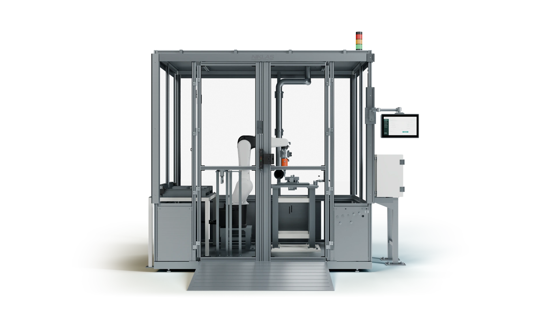 NIKLAS Surface Cell in Frontansicht mit Magazin, ROKAE-Roboter, Werkzeugwechsel, Werkstückaufnahme und Bedienplatz