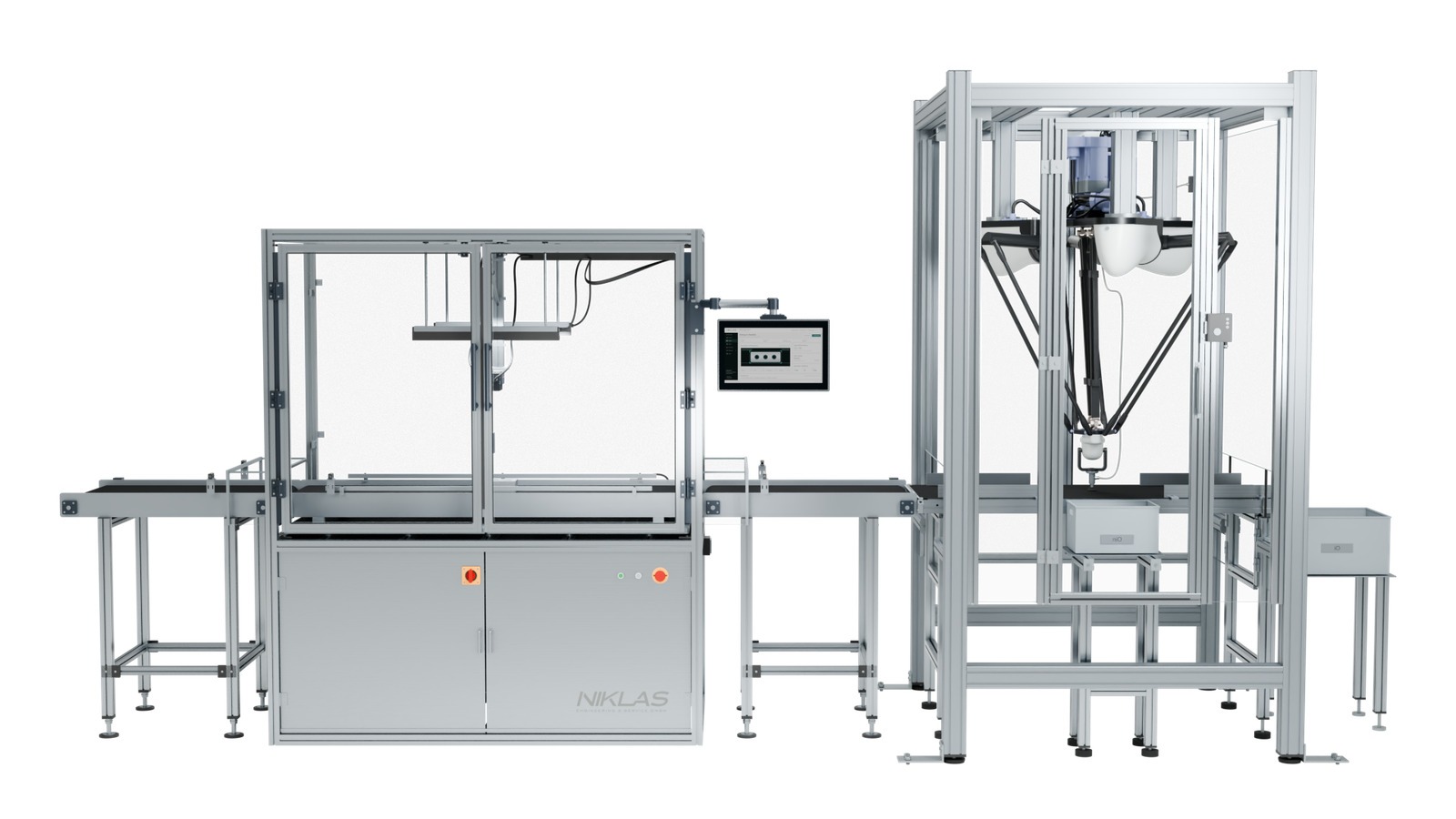 Wide NIKLAS Vision Check cell with conveyor and delta picker for part sorting