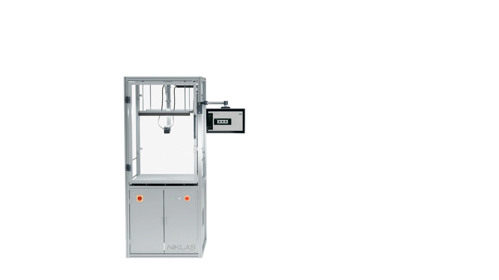 NIKLAS Vision Check: narrow optical inspection cell; a conveyor and delta picker can be added.